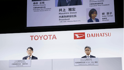 Masahiro Inoue, right, now overseeing Toyota’s business in South America, and Toyota Chief Executive Koji Sato attend a press conference in Tokyo Tuesday, Feb. 13, 2024.
