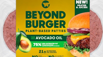 This image provided by Beyond Meat shows packaging for the latest iteration of the plant-based Beyond Burger.