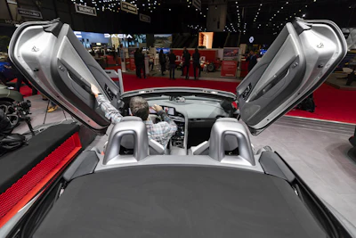 The New MG cyberster electric is presented during the press day at the 91th Geneva International Motor Show (GIMS) in Geneva, Switzerland, Monday, Feb. 26, 2024.