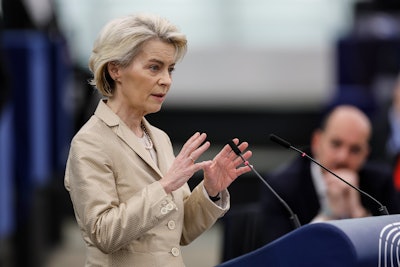 European Commission President Ursula von der Leyen delivers her speech on security and defense at the European Parliament in Strasbourg, eastern France, Wednesday, Feb. 28, 2024.