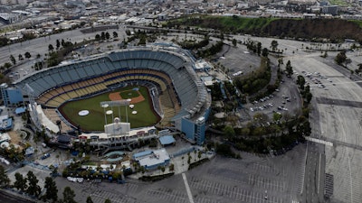 An aerial view of Dodger Stadium in Los Angeles, California.