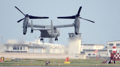 A U.S. military CV-22 Osprey takes off from Iwakuni base, Yamaguchi prefecture, western Japan, on July 4, 2018.