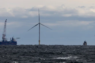 The first operating South Fork Wind farm turbine, Thursday, Dec. 7, 2023, stands east of Montauk Point, N.Y. South Fork Wind, America's first commercial-scale offshore wind farm, is officially open.