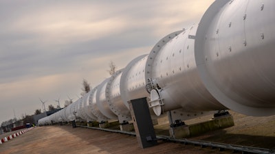 One of the tubes allowing vehicles to travel on magnetic fields is seen at the new European test center for hyperloop transportation technology which opens in Veendam, northern Netherlands, Tuesday, March 26, 2024.