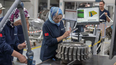 Women workers repair aircraft parts inside Safran Aircraft Engines repair plant outside of Casablanca, Morocco, Thursday, April 18, 2024.