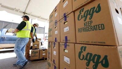 Cases of eggs from Cal-Maine Foods Inc. at the Mississippi State Fairgrounds, Jackson, Aug. 7, 2020.