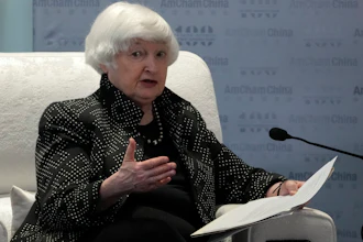 U.S. Treasury Secretary Janet Yellen speaks during the AmCham China Fireside Chat held at the Baiyun International Conference Center (BICC) in southern China's Guangdong province, Friday, April 5, 2024.