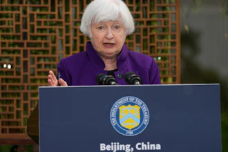 U.S. Treasury Secretary Janet Yellen speaks during a press conference in Beijing, China, Monday, April 8, 2024.