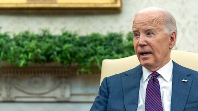 President Joe Biden speaks as he meets with Iraq's Prime Minister Shia al-Sudani in the Oval Office of the White House, Monday, April 15, 2024, in Washington.