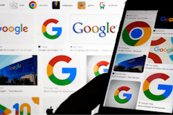 Google logos are displayed when searched for Google in New York, Sept. 11, 2023.