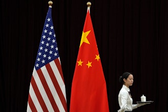 U.S. and China flags at a meeting between U.S. Treasury Secretary Janet Yellen and Chinese Vice Premier He Lifeng, Guangdong Zhudao Guest House, Guangzhou, China, April 6, 2024.