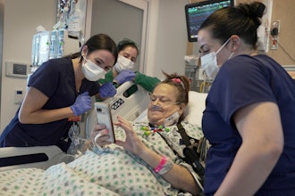 Lisa Pisano looks at photos of her dog after her surgeries at NYU Langone Health in New York on Monday, April 22, 2024. Doctors transplanted a pig kidney into Pisano, who was near death, part of a dramatic pair of surgeries that also included a fix for her failing heart.