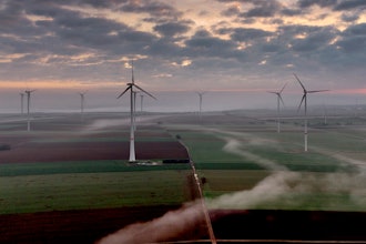Wind turbines operate at an energy plant near Stetten, north of Kaiserslautern, Germany, as the sun rises on, March 19, 2024. According to a new report published Tuesday, April 16, 2024, last year, marked the best year for new wind projects.