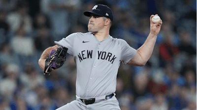 New York Yankees pitcher Carlos Rodon works against the Toronto Blue Jays during the first inning of a baseball game in Toronto on Tuesday, April 16, 2024.