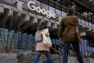 People arrive at the recently opened Google building in New York, Feb. 26, 2024.