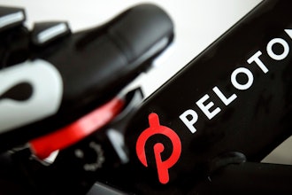 This Nov. 19, 2019 file photo shows the logo on a Peloton bike in San Francisco.