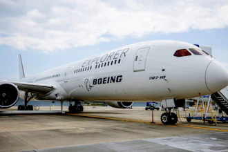 A Boeing ecoDemonstrator Explorer, a 787-10 Dreamliner, sits on the tarmac at their campus in North Charleston, S.C., May 30, 2023.