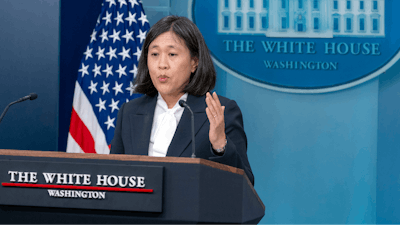 U.S. Trade Representative Katherine Tai speaks with reporters in the James Brady Press Briefing Room at the White House, Tuesday, May 14, 2024, in Washington.