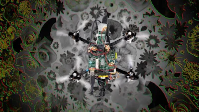 Photo of the “neuromorphic drone” flying over a flower pattern. It illustrates the visual inputs the drone receives from the neuromorphic camera in the corners. Red indicates pixels getting darker, green indicates pixels getting brighter.