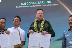 Indonesian Minister of Health Budi Gunadi Sadikin, second from left, and Elon Musk, second from right, sign an agreement on enhancing connectivity at a public health center in Denpasar, Bali, Indonesia on Sunday, May 19, 2024.