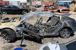 This image provided by Colorado State Patrol shows a Tesla Model 3 that crashed on May 16, 2022 in Clear Creek County, Colo.