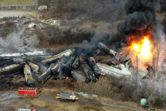Portions of a Norfolk Southern freight train that derailed the night before burn in East Palestine, Ohio, Feb. 4, 2023.