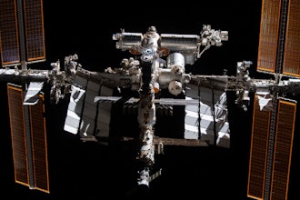 This photo provided by NASA shows the International Space Station from the SpaceX Crew Dragon Endeavour during a fly around of the orbiting lab.