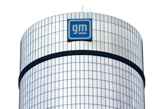 A General Motors logo is seen on a building, April 24, 2024, in Detroit.