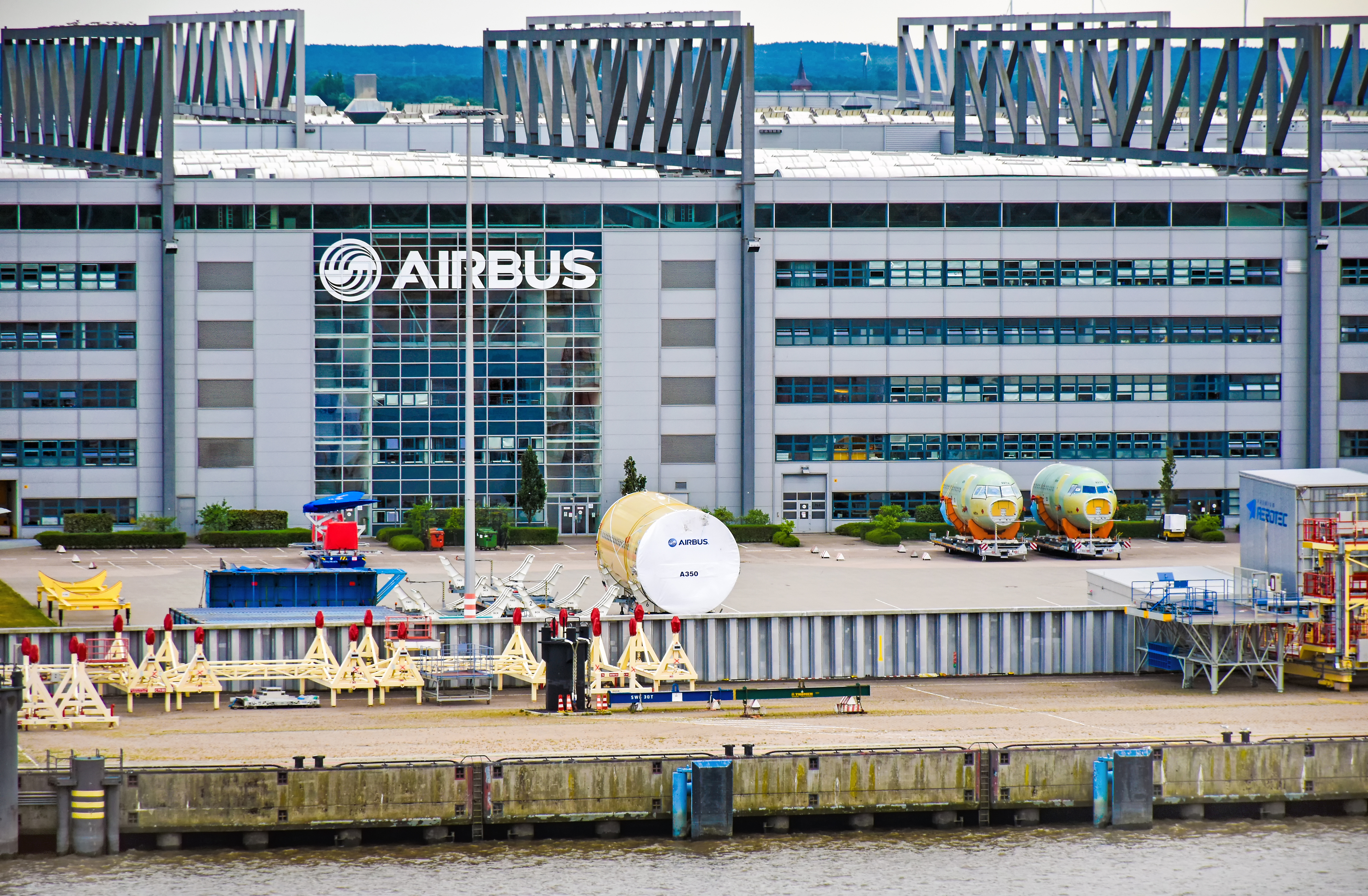 Exterior view of the Airbus factory in Hamburg-Finkenwerder.