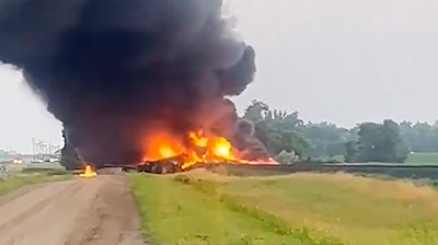This photo provided by Doug Zink shows smoke filling the sky after a train derailment, July 5, 2024, near Carrington, N.D.