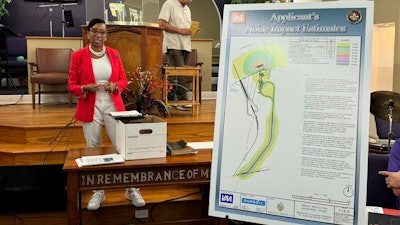 Lynda Van Davis, Greenfield's counsel and head of external affairs, announces that the company is 'ceasing all plans' to build a grain export facility in the historic Black community of Wallace, La., in St. John the Baptist Parish, Tuesday, Aug. 6, 2024.