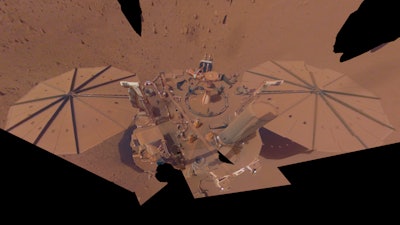 This image provided by NASA shows the InSight Mars lander in a selfie photo composite on April 24, 2022, the 1,211th Martian day, or sol, of the mission.