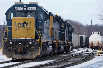 CSX locomotives sit at CSX North Framingham Yard, on Jan. 24, 2023, in Framingham, Mass.