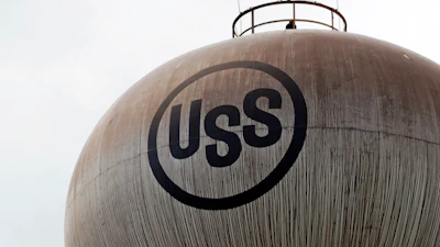 A U.S. Steel logo is seen on a water tower, May 2, 2019, at U.S. Steel's Edgar Thomson Works in Braddock, Pa.