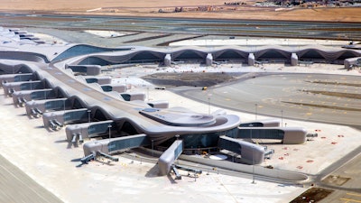 Aerial view of International Zayed International Airport Abu Dhabi. United Arab Emirates.