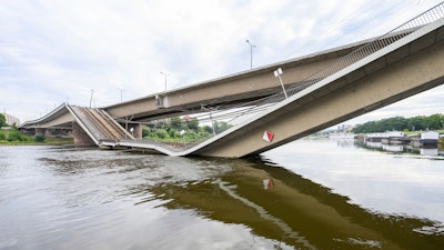 Parts of the Carola Bridge over the Elbe have collapsed in Dresden, Germany, Wednesday, Sept. 11, 2024.