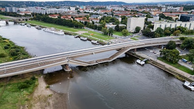 Parts of the Carola Bridge over the Elbe have collapsed in Dresden, Germany, Wednesday, Sept. 11, 2024.