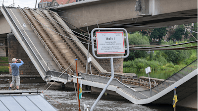 Parts of the Carola Bridge over the Elbe have collapsed in Dresden, Germany, Wednesday, Sept. 11, 2024.