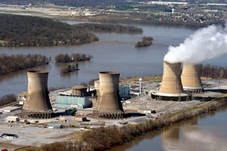 This April 18, 2018, file photo shows an aerial view of Three Mile Island, in Dauphin County, Pa.