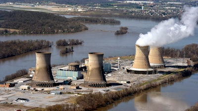 This April 18, 2018, file photo shows an aerial view of Three Mile Island, in Dauphin County, Pa.