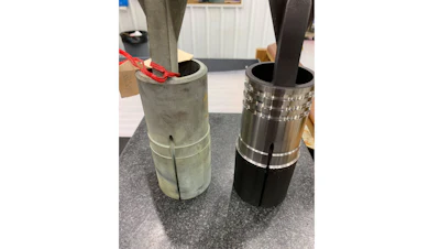 A 3D-printed part (left) used in the oil and gas industry, transformed through precision machining (right) to meet exacting specifications.
