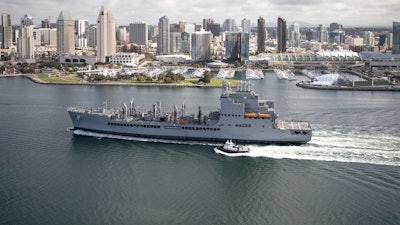 A U.S. Navy John Lewis-class fleet replenishment oiler in San Diego harbor.
