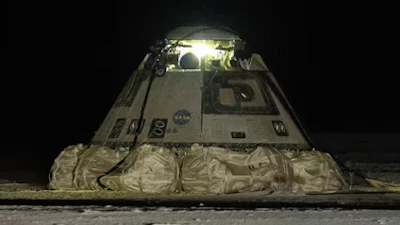 The empty Boeing Starliner capsule sits at White Sands Missile Range in New Mexico, late Friday, Sept. 6, 2024, after undocking from the International Space Station.