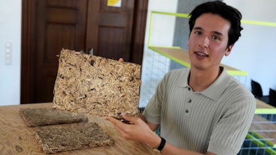 HopfON entrepreneur, Mauricio Fleischer Acuna poses in Munich, Germany, Friday, Sept. 20, 2024. The startup is using the organic waste, some from the hops harvest, to make sustainable building materials like acoustic panels and thermal insulation, with the twofold goal of reducing waste from the construction industry.