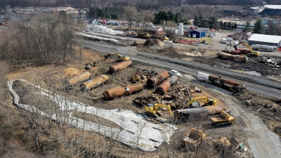 A view of the scene Feb. 24, 2023, as cleanup continues at the site of a Norfolk Southern freight train derailment that happened on Feb. 3, in East Palestine, Ohio.