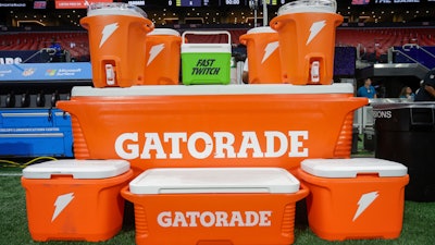 Gatorade containers at a preseason game between the Jacksonville Jaguars and Atlanta Falcons, Aug. 23, 2024.