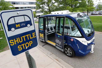 An Mcity driverless shuttle makes a stop on June 4, 2018 at the University of Michigan in Ann Arbor, Mich.