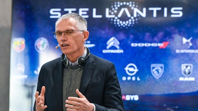 Stellantis CEO Carlos Tavares speaks during a news conference following a meeting with unions, March 31, 2022, in Turin, Italy. Tevares will retire in early 2026 and Chief Financial Officer Natalie Knight is stepping down as the world's fourth biggest automaker contends with ongoing sales difficulties in North America.