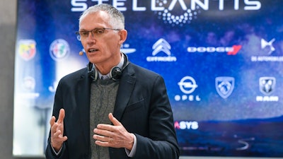Stellantis CEO Carlos Tavares speaks during a news conference following a meeting with unions, March 31, 2022, in Turin, Italy.