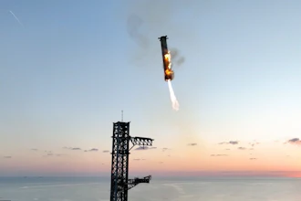 This image provided by SpaceX shows SpaceX's mega rocket booster returning to the launch pad to be captured during a test flight Sunday, Oct. 13, 2024, in Boca Chica, Texas.